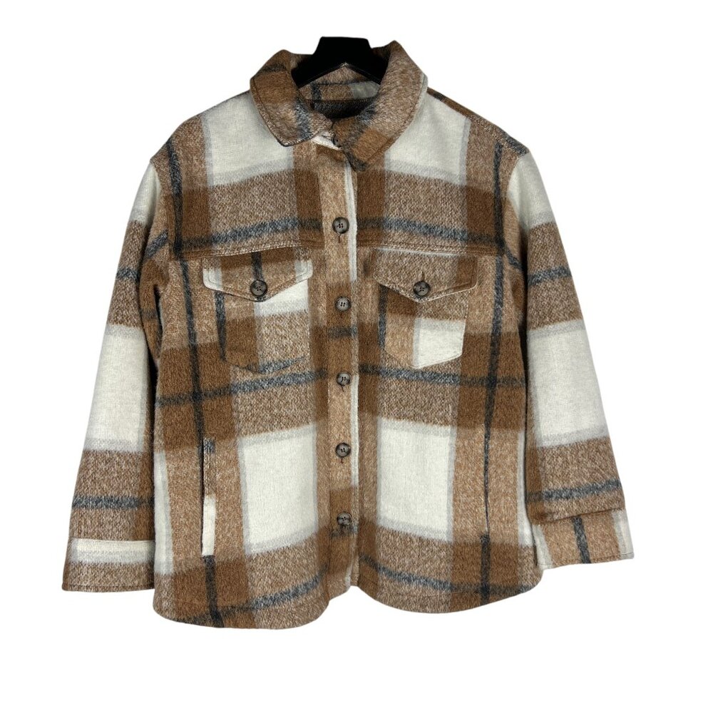 Avec Les Filles Plaid Shacket Button Front Fleece Jacket in Brown Size 1X